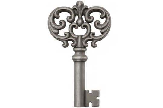 Intricate silver key isolated on transparent background, representing security, access, and the unlocking of secrets