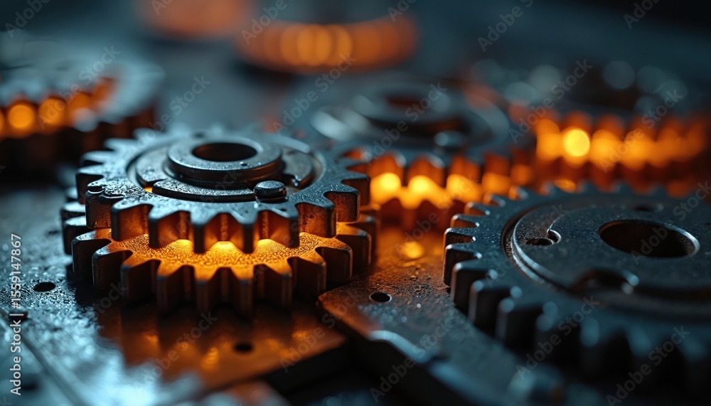 Poster close-up of metal gears illuminated with warm orange light. gears precisely arranged on dark metalli