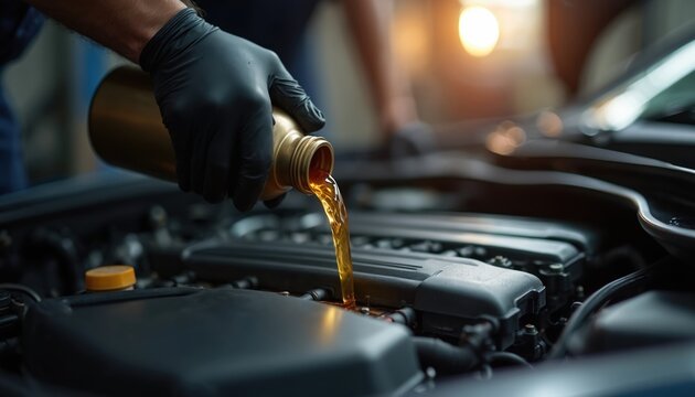 Gloved hands pouring motor oil into car engine. Routine maintenance, service, oil change process. Automotive industry mechanic at work in auto repair shop. Repair, vehicle servicing.