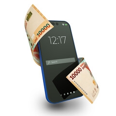 Albanian Lek notes moving flying wrapped around mobile smart phone isolated on a transparent background. Online Mobile money wallet concept 