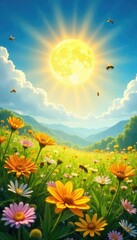 Obraz premium A vibrant sun shines down on a field of wildflowers, buzzing with bees, radiating joy and summer bliss Perfect for themes of optimism, well-being, and carefree living , landscape, cheerful, purple