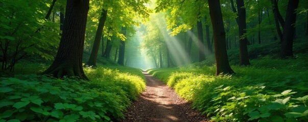 A winding path through a lush forest, sunlight dappling the leaves, symbolizing the long and sometimes challenging, yet ultimately rewarding, journey of patience , growth, effort, sunbeams