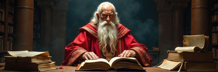 A wise, elderly figure with long white beard and flowing robes, seated amidst ancient books and scrolls, exudes an aura of profound knowledge and serenity , clairvoyant, philosophy, hermit