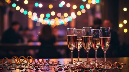 Sparkling celebration: champagne glasses and bokeh lights in festive new year party