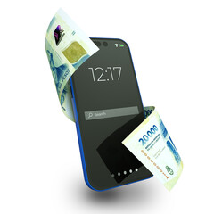 Argentinian peso notes moving flying wrapped around mobile smart phone isolated on a transparent background. Online Mobile money wallet concept 