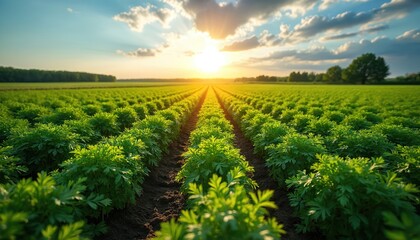 Naklejka premium Vojvodina agricultural field, green plants rows illuminated sunlight. Picturesque agricultural landscape, crops harvest at sunrise. Healthy food production, organic vegetable eco farm, agriculture.