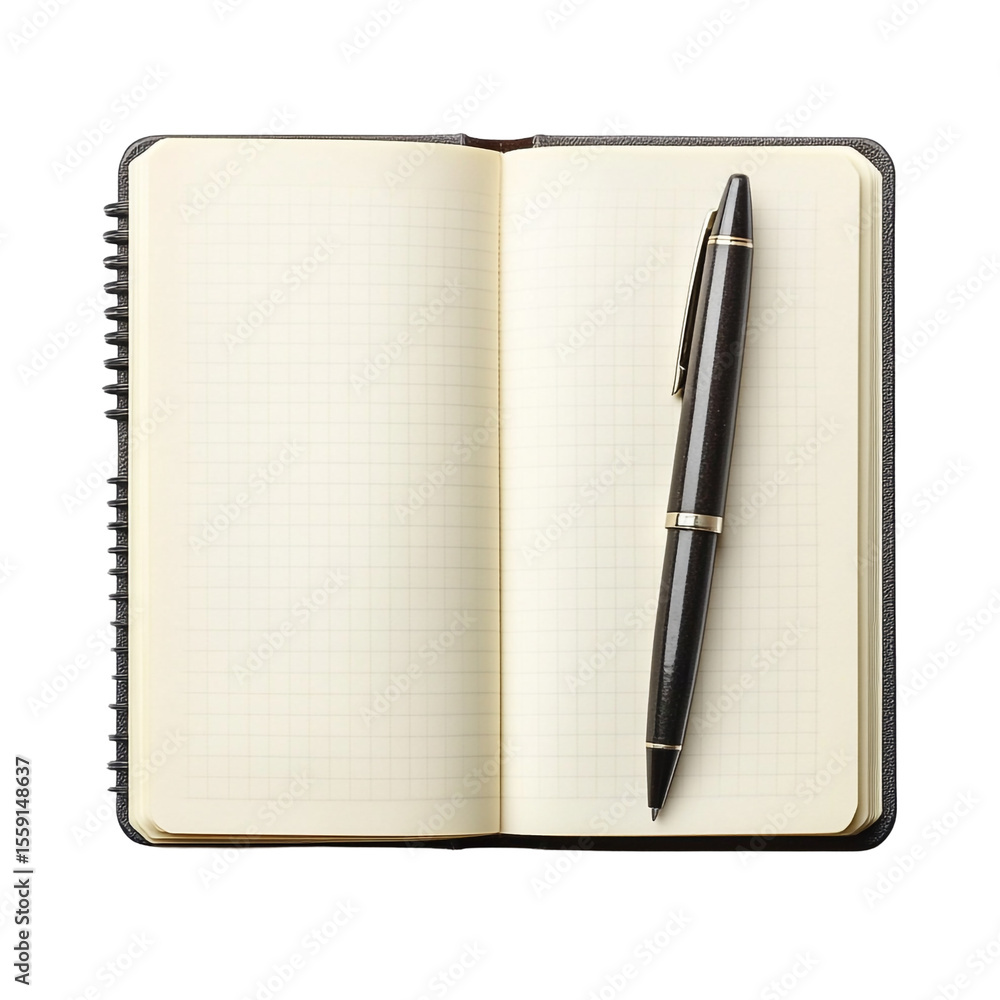 Poster open grid notebook with black pen ready for writing ideas notes or journaling