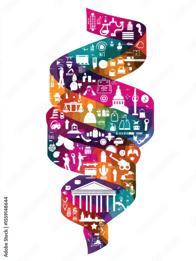 Poster rights and representation icons creatively arranged in a colorful ribbon shape symbolizing inclusivi