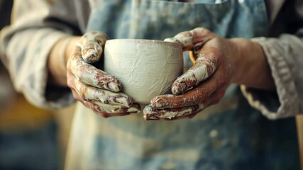 Hands covered in clay carefully shape unique ceramic cup, showcasing artistry