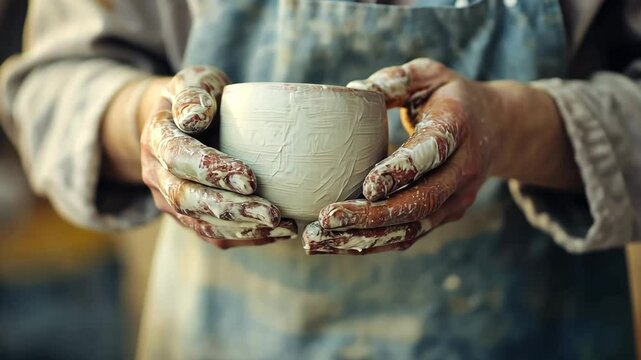 Hands covered in clay carefully shape unique ceramic cup, showcasing artistry