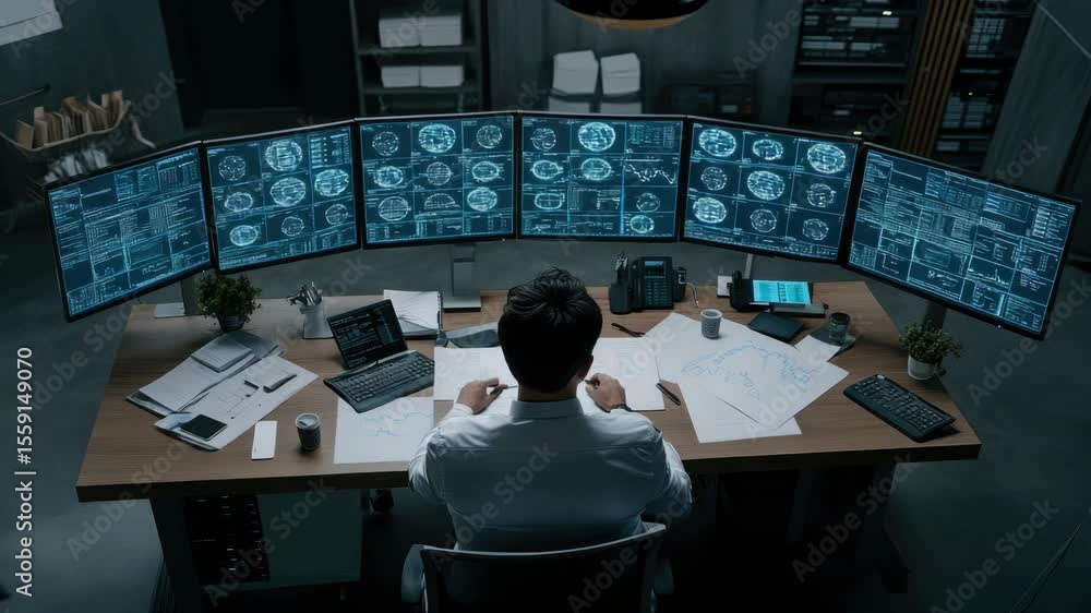 Poster a professional focused on analyzing data across several monitors in a modern workspace, surrounded b