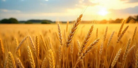 Fototapeta premium Golden barley and wheat sway gently in a summer breeze across a vast field, ripe for harvest The sun casts a warm glow on the stalks, creating a picturesque rural scene , nature, sunlight