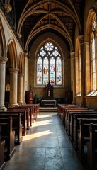Historic English church interior, stained glass illuminating ancient stonework, peaceful atmosphere Perfect for religious, historical, or travel themes , medieval, worship