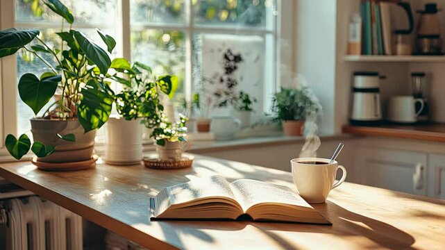 Sunlight bathes cozy kitchen with plants, an open book, and steaming coffee