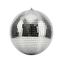 Fototapeta premium Classic, spherical silver disco ball, 30-40cm, covered in hundreds of precisely cut reflective mirror tiles, against a transparent, seamless studio background with no shadows, showcasing pristine