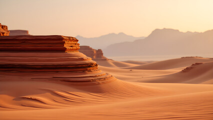 Textured sandstone layers. Earthy tones blend into a vast, dusky landscape. Desert panorama. Natural formations. Serene vista.