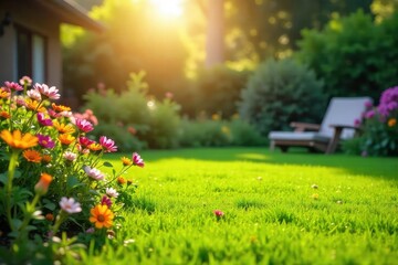 Fototapeta premium Relaxing summer day at home, sun shining on a lush green lawn, vibrant flowers blooming in the garden, idyllic summer scene , flowers, landscape