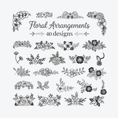 40 Elegant Floral Arrangements in Black and White - Vector SVG, PNG, DXF for Wedding, Invitations, Logos, and Branding