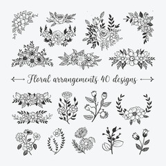 40 Elegant Floral Arrangements in Black and White - Vector SVG, PNG, DXF for Wedding, Invitations, Logos, and Branding