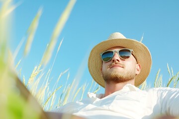 Carefree male relaxes in field wearing straw hat and sunglasses on bright sunny day