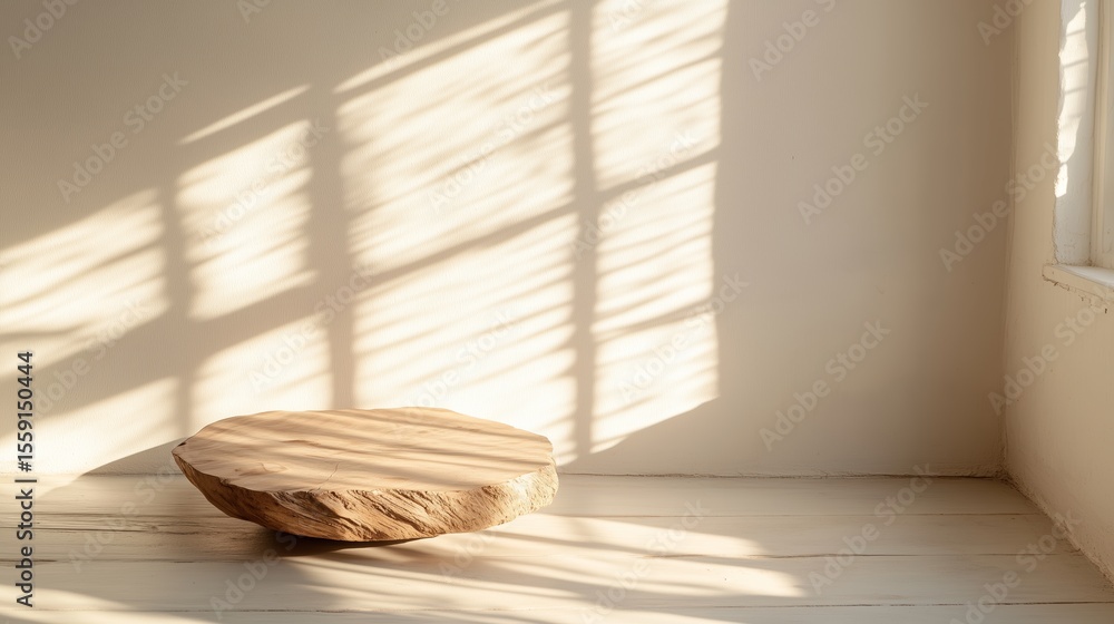 Poster natural wooden slab on a simple floor bathed in soft sunlight creating elegant shadows in a minimali