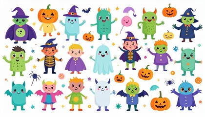 Colorful Halloween Characters Cartoon Monsters and Pumpkins on White Background