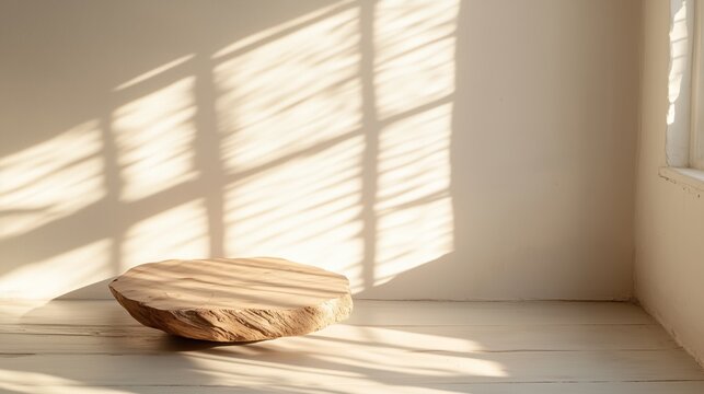 Natural wooden slab on a simple floor bathed in soft sunlight creating elegant shadows in a minimalist interior space