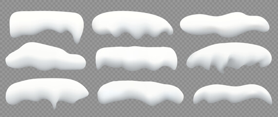 Set of white snow caps on a transparent background. Realistic snow caps, drifts, snowball, icicles and snow piles. Winter elements for your creative design. Vector illustration. Eps 10
