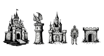 Obraz premium Illustration of various castles, a tower with a gargoyle, and a knight in shining armor standing tall