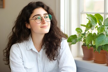 Pensive young woman gazes from window with green plants, natural light