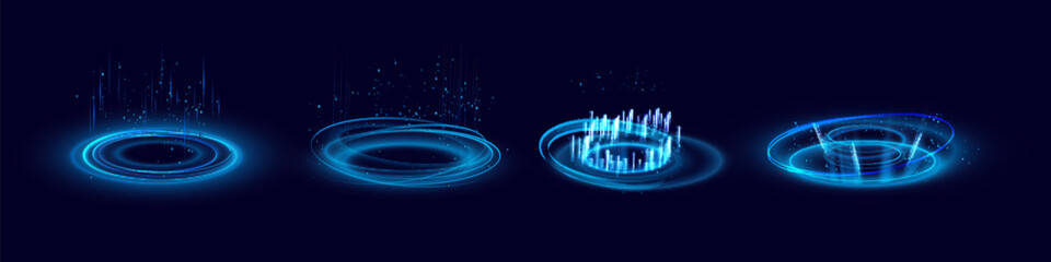 Neon blue light circles on dark background. Futuristic hologram portal. Vector realistic illustration of round platforms. Magic tunnel