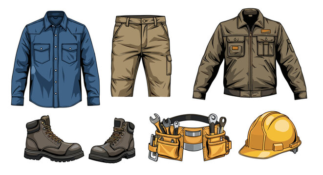 Illustration of work clothes including a shirt pants jacket boots tool belt and hard hat on white
