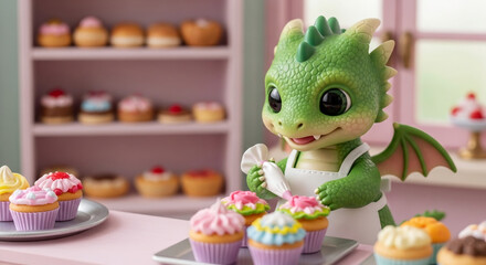 Fototapeta premium Adorable Tiny Green Dragon Pastry Chef Decorating Cupcakes