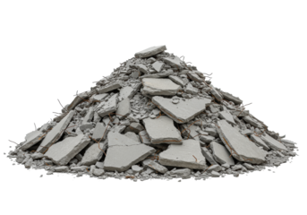 A large, detailed pile of grey concrete rubble with fractured textures and rusty rebar on a transparent, shadowless studio background, captured with extreme clarity, perfect for industrial demolition