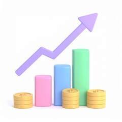 Pastel Colored Bar Chart with Upward Arrow and Gold Coins on White Background