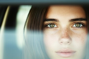 Closeup of young Caucasian woman face with freckles and striking green eyes