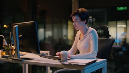 Business man woman cooperation in night office businessman businesswoman argue conflict online...