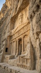 Naklejka premium Ancient rock carved facade with columns and reliefs