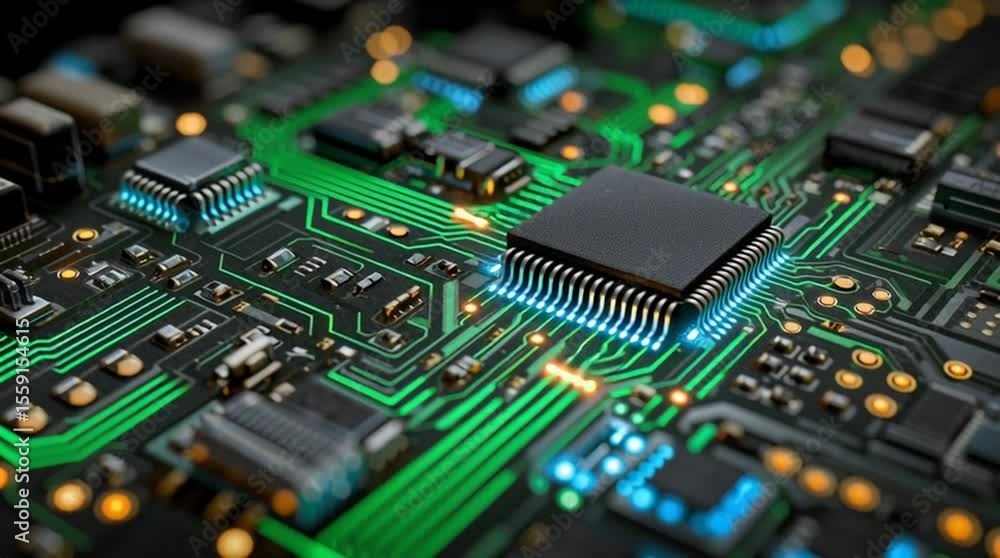 Poster neon circuit board close up microchip processor technology electronics digital innovation