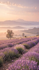 Lavender field at sunrise with misty mountains rolling hills