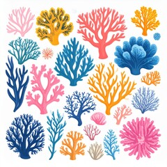 Colorful Coral Reef Assortment on White Background in Vector Illustration