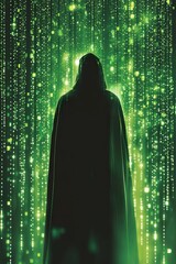 Mysterious cloaked figure shrouded in darkness before luminous green data stream