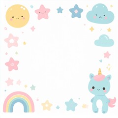 Pastel Cartoon Frame Featuring a Unicorn Stars Sun Rainbow and Clouds on White