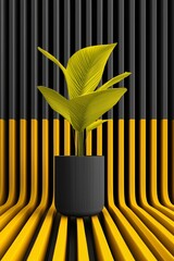 Stylized yellow tropical plant in black ribbed pot on surreal black and yellow striped 3D background, minimal and bold