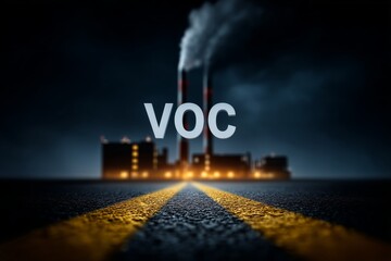 Industrial factory chimney at night emitting VOCs volatile organic compounds into the air, with visible smoke and flare glow under dark atmospheric lighting