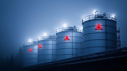 Low-angle view of illuminated LPG storage tanks with red warning symbols in a foggy night setting.