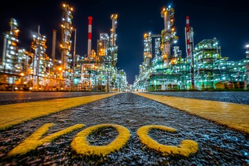 Industrial factory chimney at night emitting VOCs volatile organic compounds into the air, with visible smoke and flare glow under dark atmospheric lighting