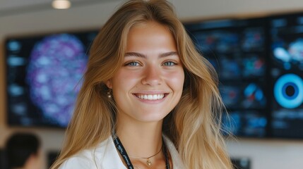 Young caucasian blonde woman with long hair smiling, standing in front of digital data analysis screens