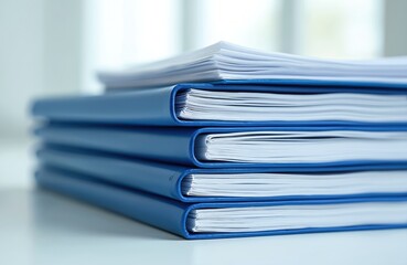 Stack organized blue binders filled reports. Office workspace concept. Administrative tasks, record keeping, data storage. Business document paperwork, accounting, financial analysis, legal,