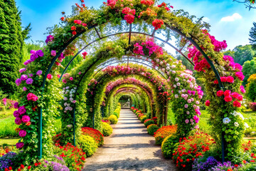 Enchanting Flower Arches Adorning a Scenic Walkway in Ornamental Garden, Generative AI